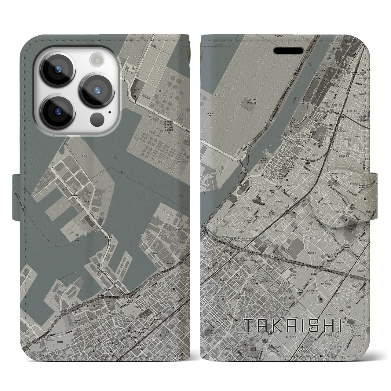 【高石(大阪府)】地図柄iPhoneケース(手帳タイプ)モノトーン・iPhone 14 Pro 用