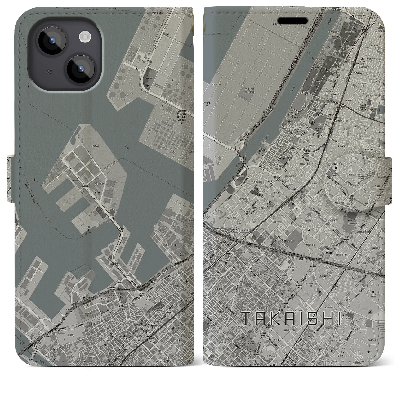 【高石(大阪府)】地図柄iPhoneケース(手帳タイプ)モノトーン・iPhone 14 Plus 用