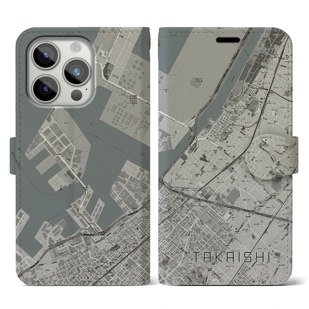 【高石(大阪府)】地図柄iPhoneケース(手帳タイプ)モノトーン・iPhone 15 Pro 用