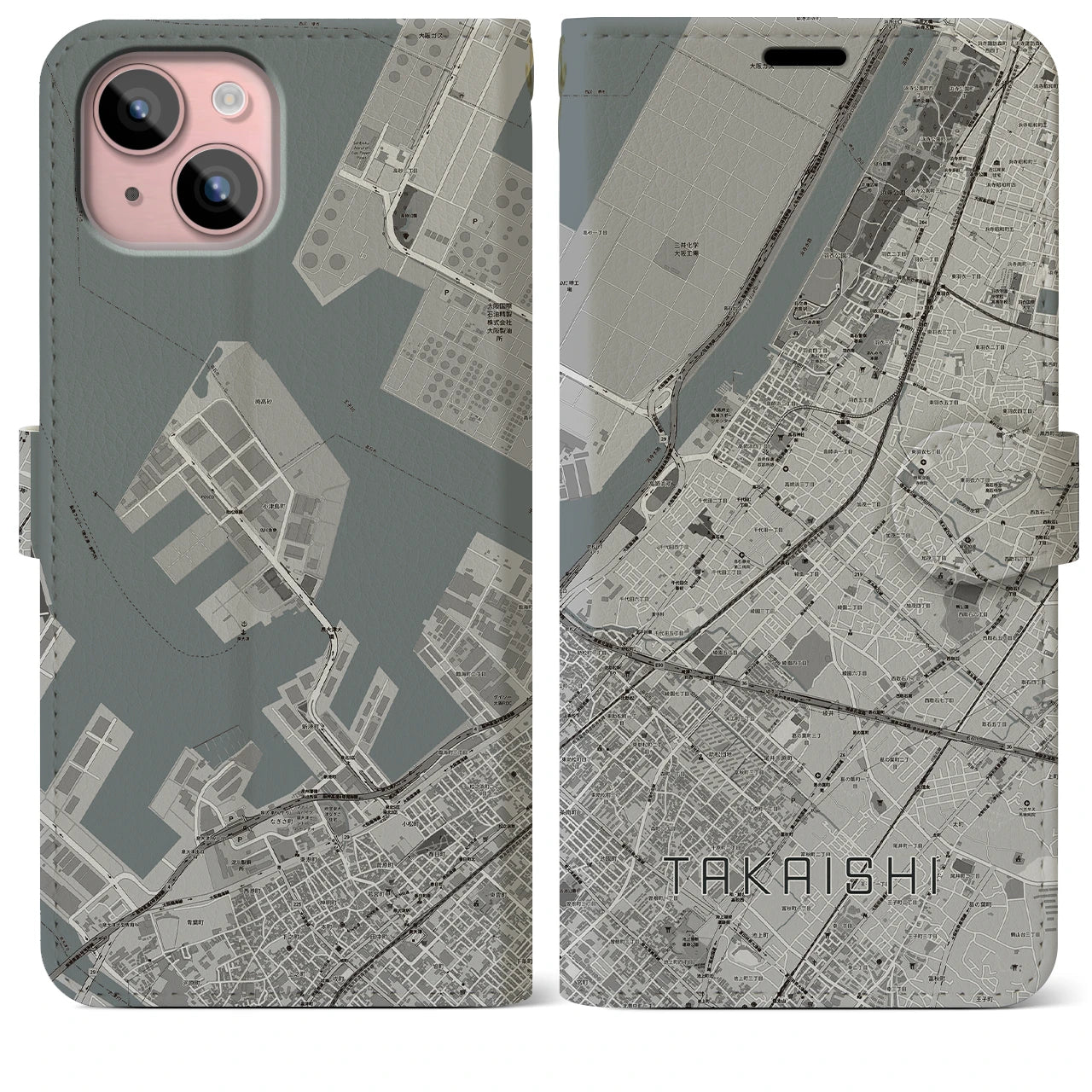 【高石(大阪府)】地図柄iPhoneケース(手帳タイプ)モノトーン・iPhone 15 Plus 用