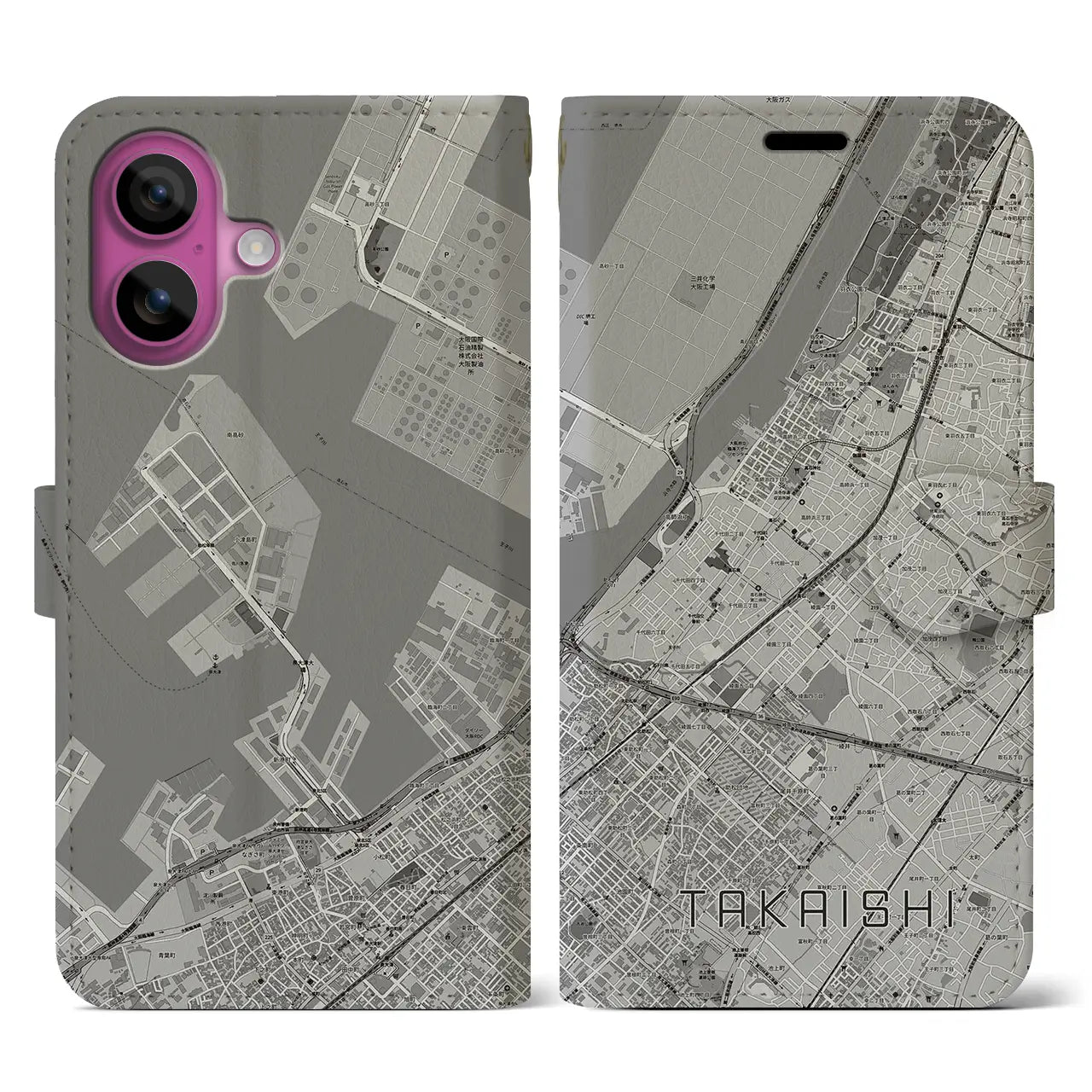 【高石(大阪府)】地図柄iPhoneケース(手帳タイプ)モノトーン・iPhone 16 Pro 用