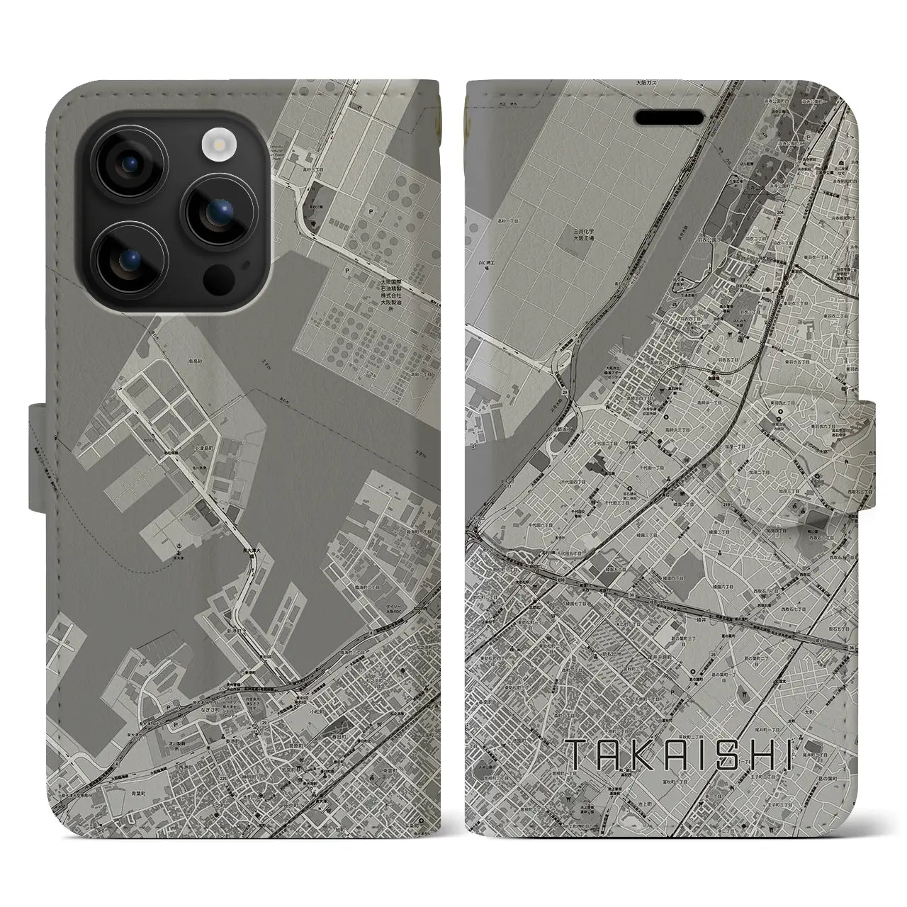 【高石(大阪府)】地図柄iPhoneケース(手帳タイプ)モノトーン・iPhone 16 用