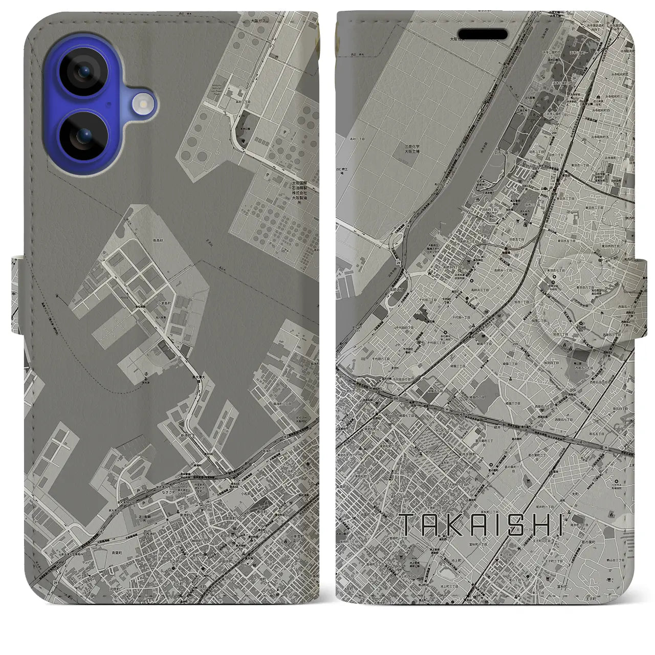 【高石(大阪府)】地図柄iPhoneケース(手帳タイプ)モノトーン・iPhone 16 Pro Max 用