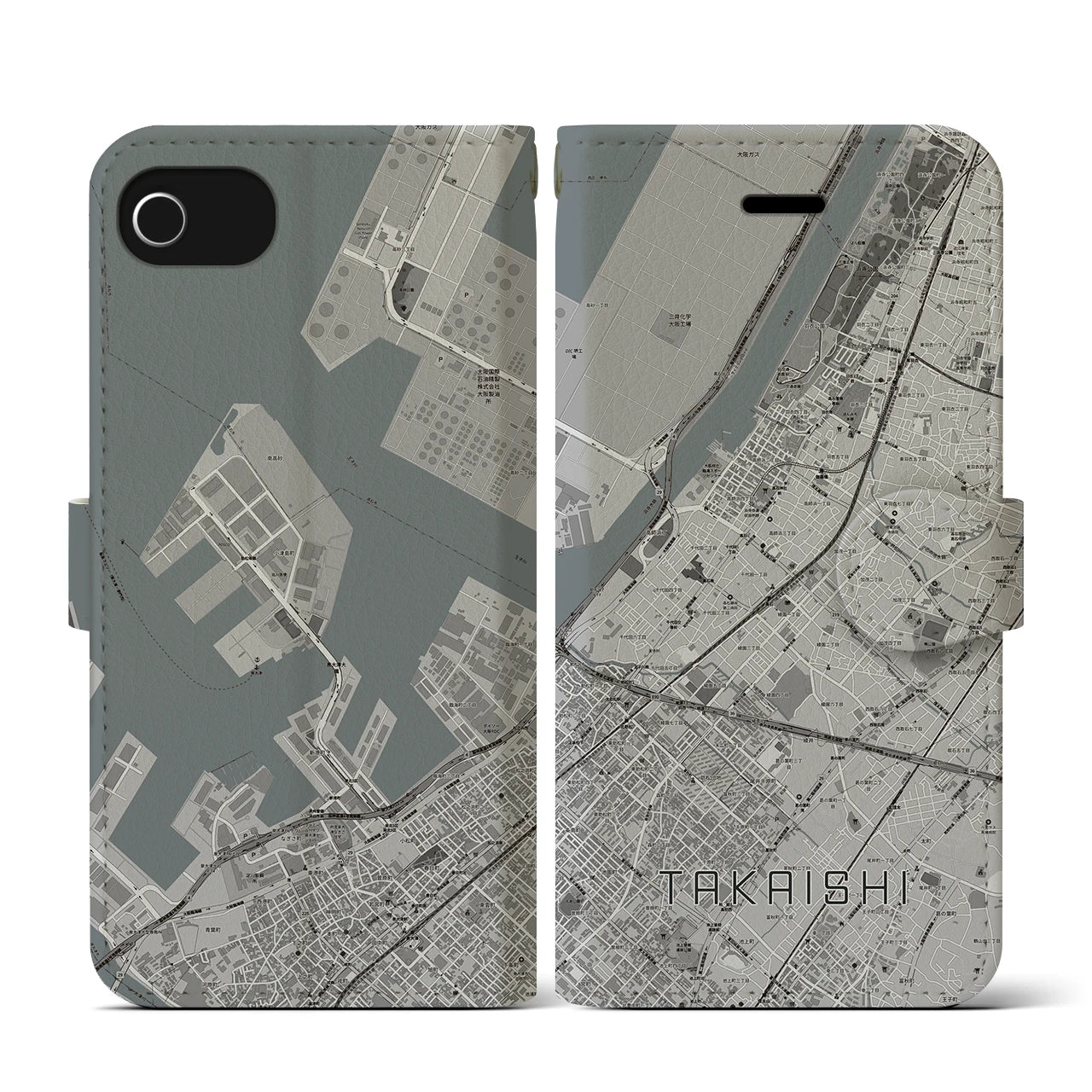 【高石(大阪府)】地図柄iPhoneケース(手帳タイプ)モノトーン・iPhone SE(第3 / 第2世代) / 8 / 7 / 6s / 6 用