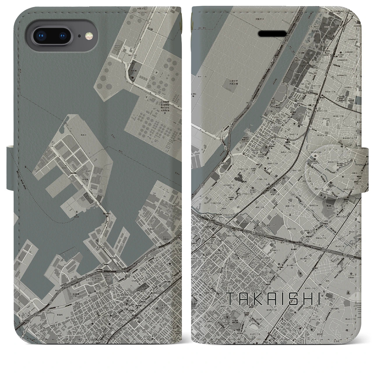 【高石(大阪府)】地図柄iPhoneケース(手帳タイプ)モノトーン・iPhone 8Plus /7Plus / 6sPlus / 6Plus 用
