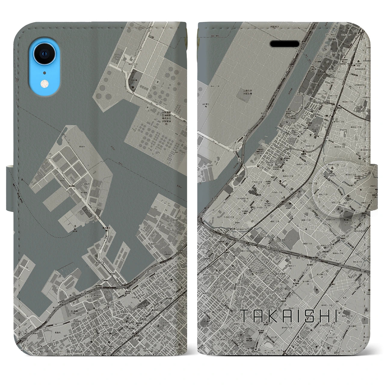 【高石(大阪府)】地図柄iPhoneケース(手帳タイプ)モノトーン・iPhone XR 用