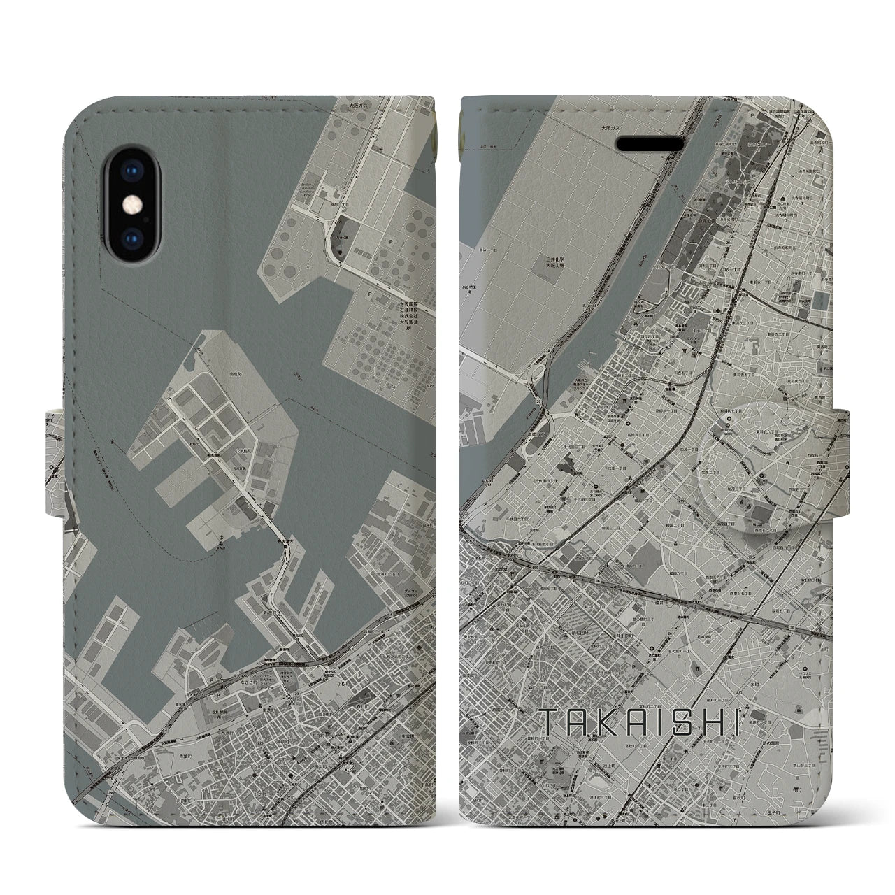 【高石(大阪府)】地図柄iPhoneケース(手帳タイプ)モノトーン・iPhone XS / X 用