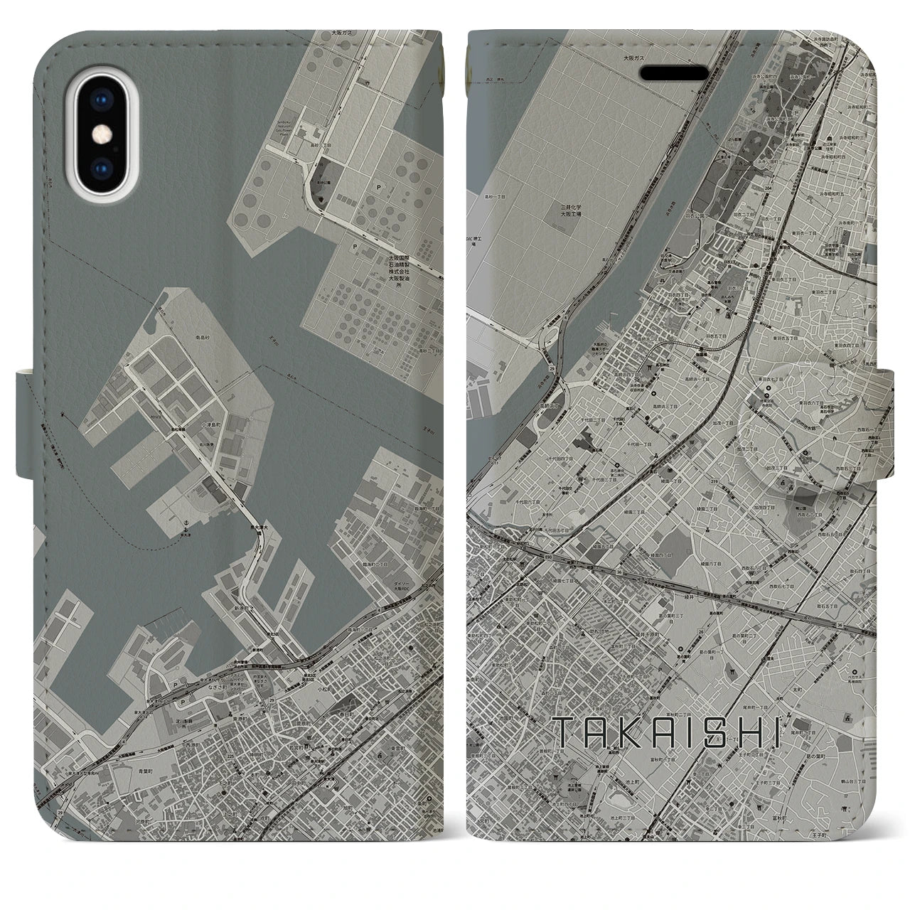【高石(大阪府)】地図柄iPhoneケース(手帳タイプ)モノトーン・iPhone XS Max 用