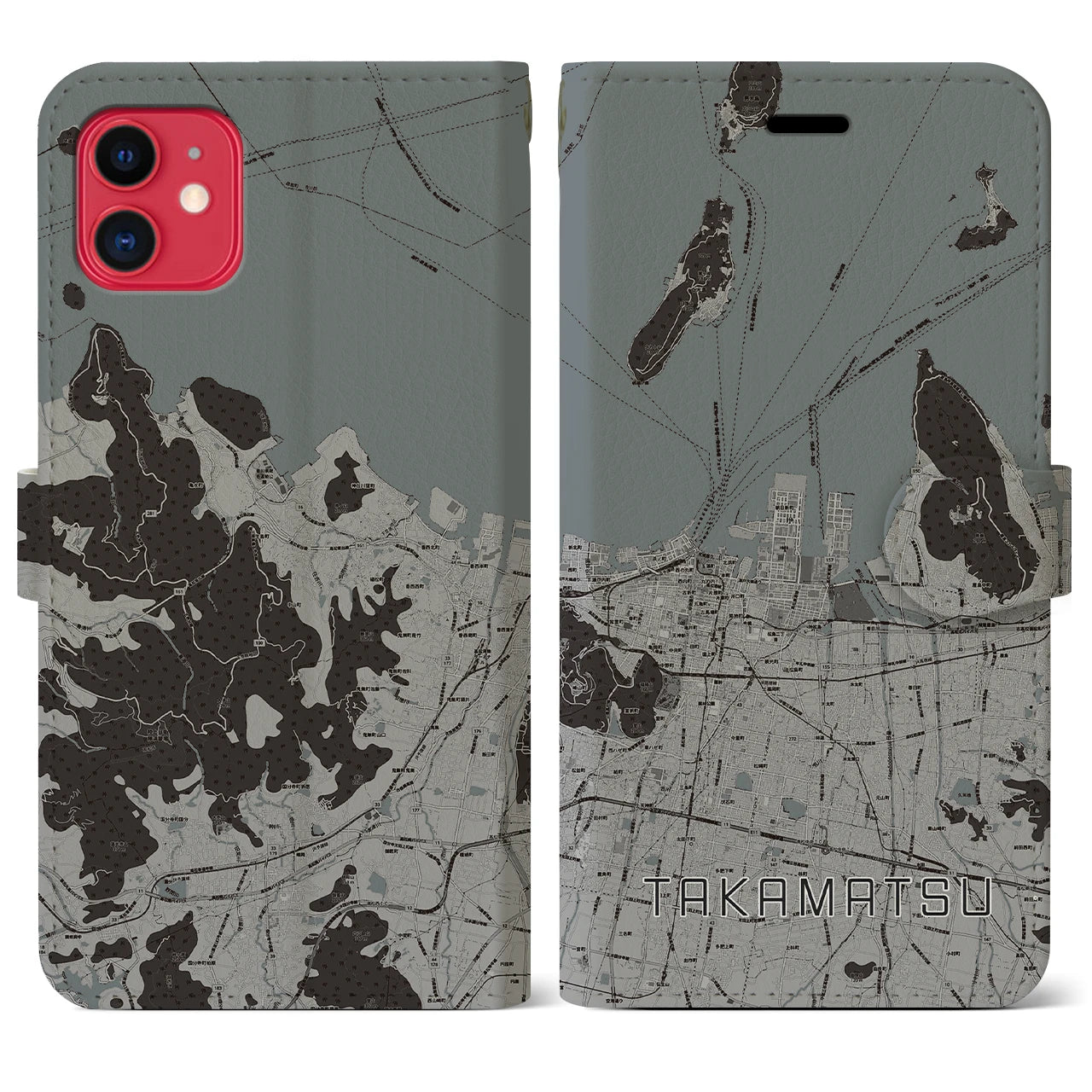 【高松(香川県)】地図柄iPhoneケース(手帳タイプ)モノトーン・iPhone 11 用