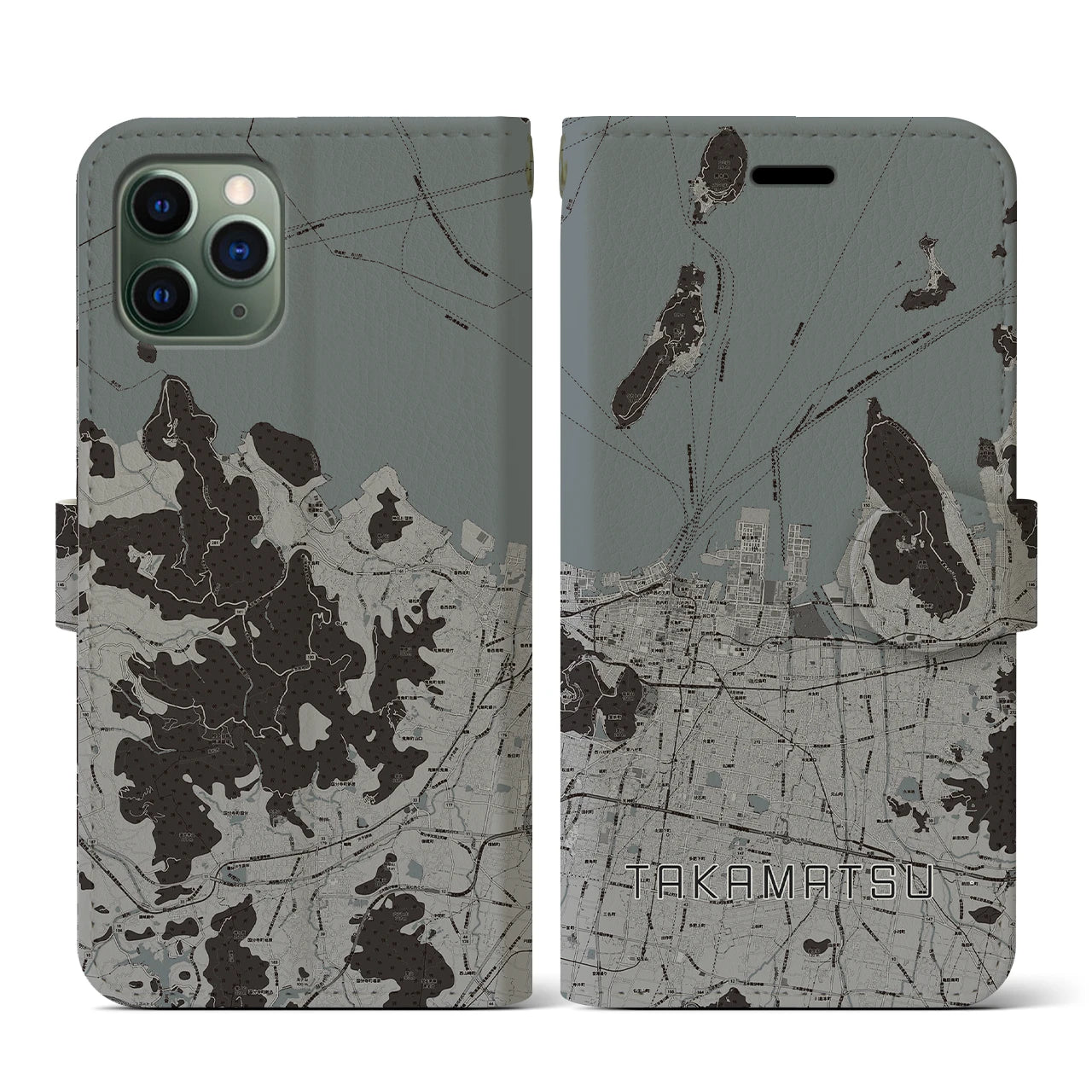 【高松(香川県)】地図柄iPhoneケース(手帳タイプ)モノトーン・iPhone 11 Pro 用