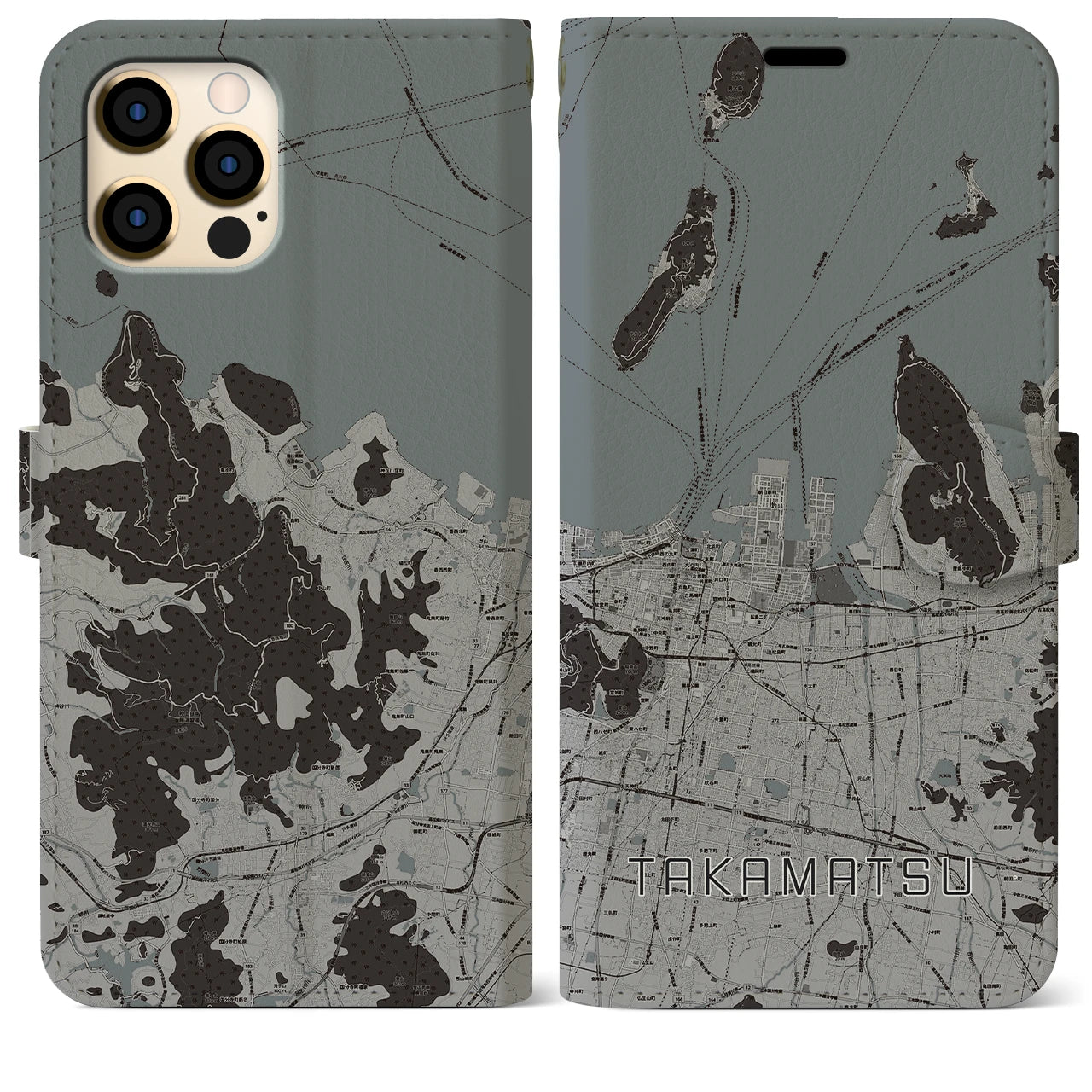 【高松(香川県)】地図柄iPhoneケース(手帳タイプ)モノトーン・iPhone 12 Pro Max 用