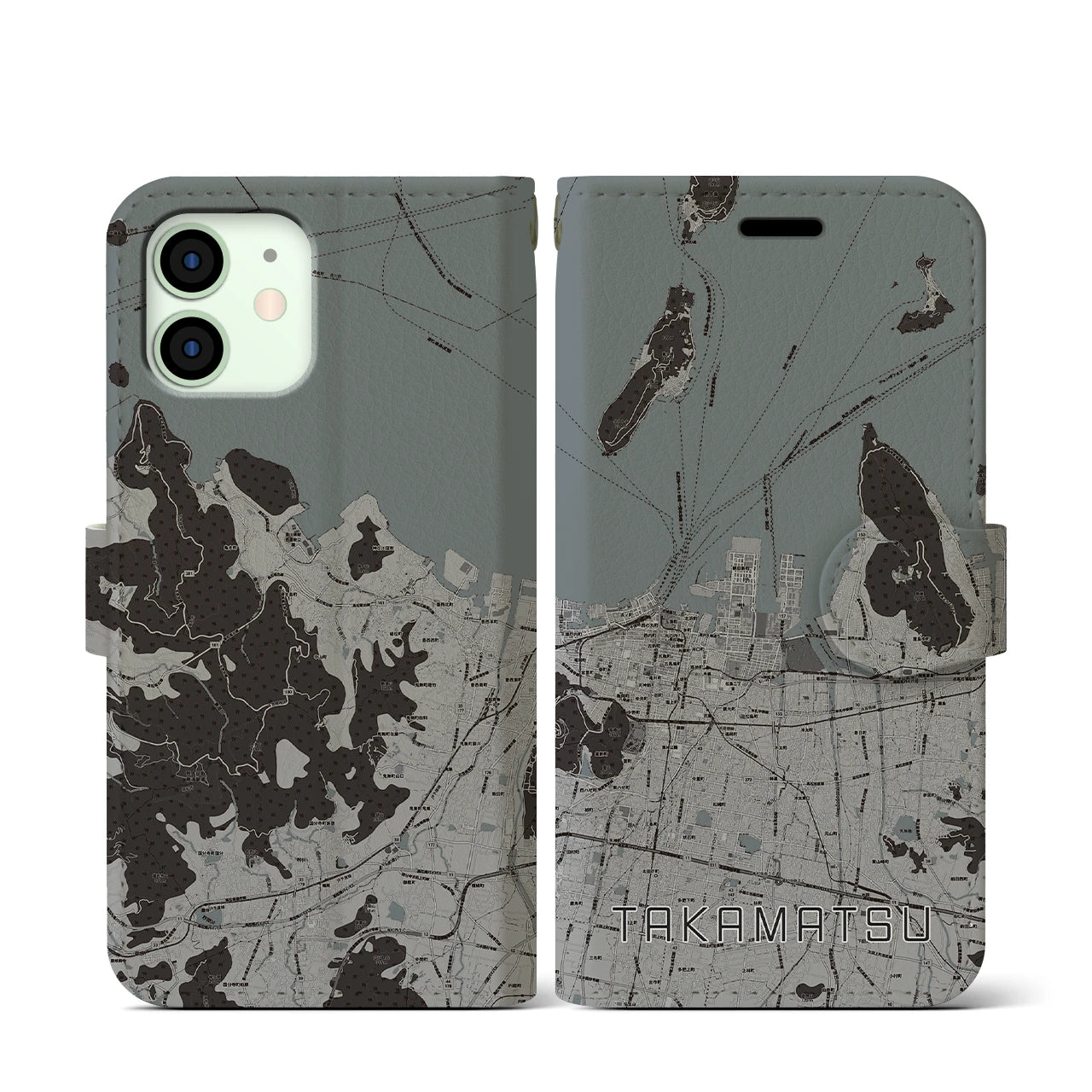 【高松(香川県)】地図柄iPhoneケース(手帳タイプ)モノトーン・iPhone 12 mini 用