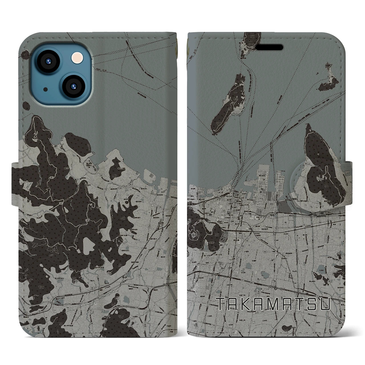 【高松(香川県)】地図柄iPhoneケース(手帳タイプ)モノトーン・iPhone 13 用