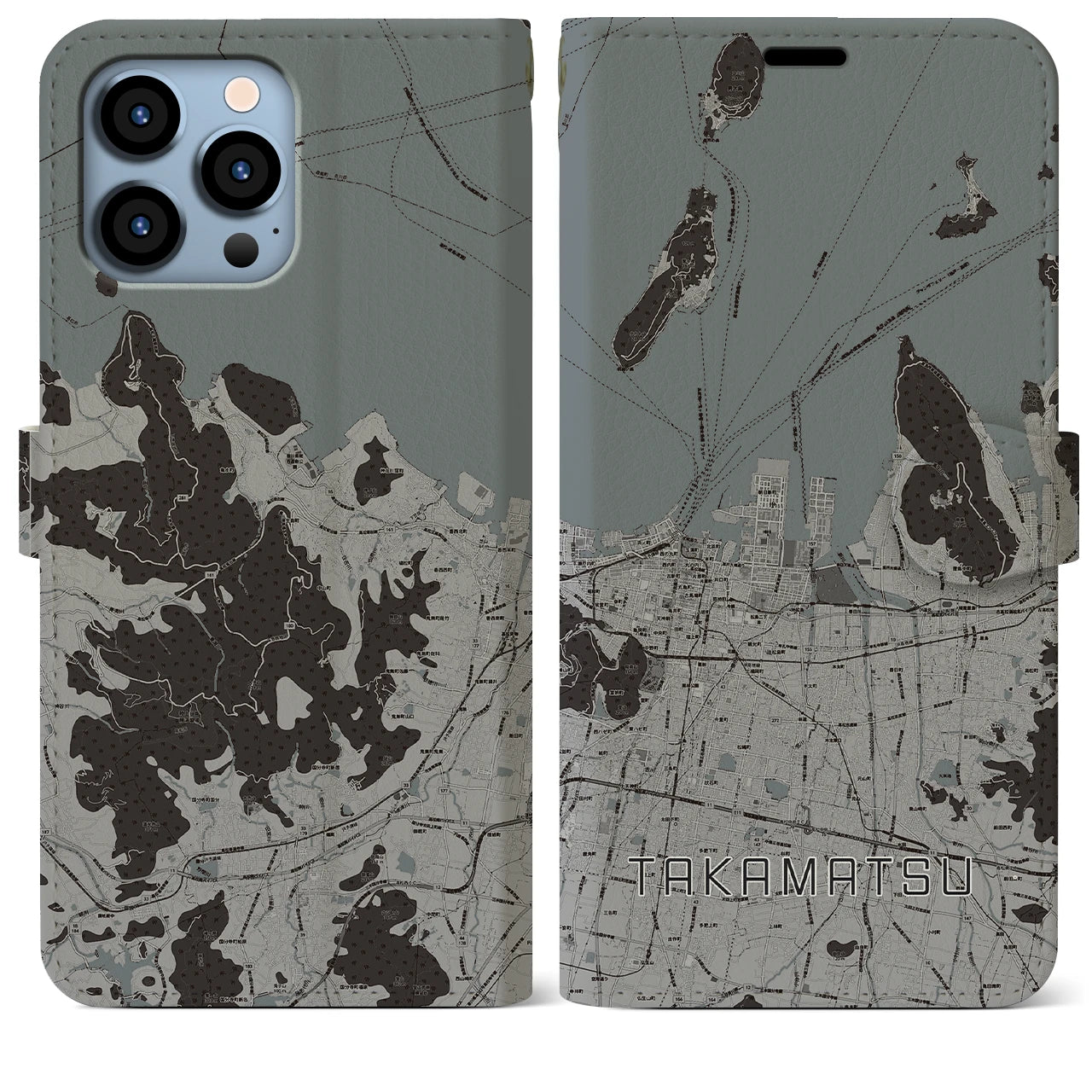 【高松(香川県)】地図柄iPhoneケース(手帳タイプ)モノトーン・iPhone 13 Pro Max 用
