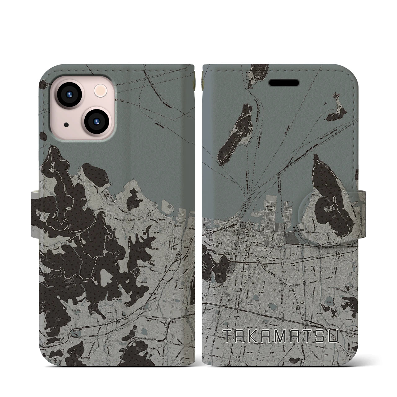 【高松(香川県)】地図柄iPhoneケース(手帳タイプ)モノトーン・iPhone 13 mini 用