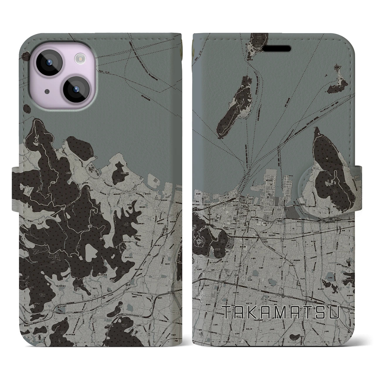 【高松(香川県)】地図柄iPhoneケース(手帳タイプ)モノトーン・iPhone 14 用