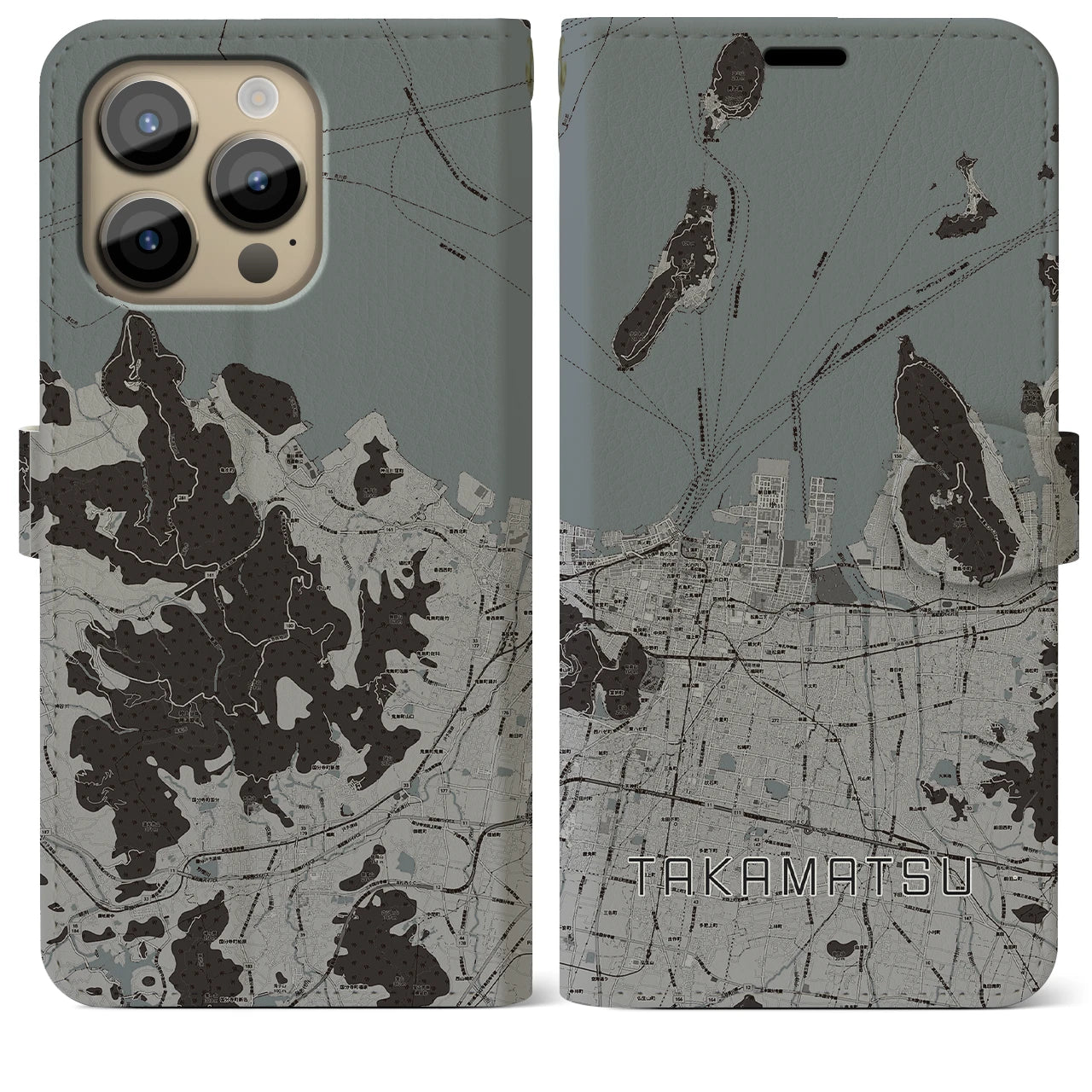 【高松(香川県)】地図柄iPhoneケース(手帳タイプ)モノトーン・iPhone 14 Pro Max 用
