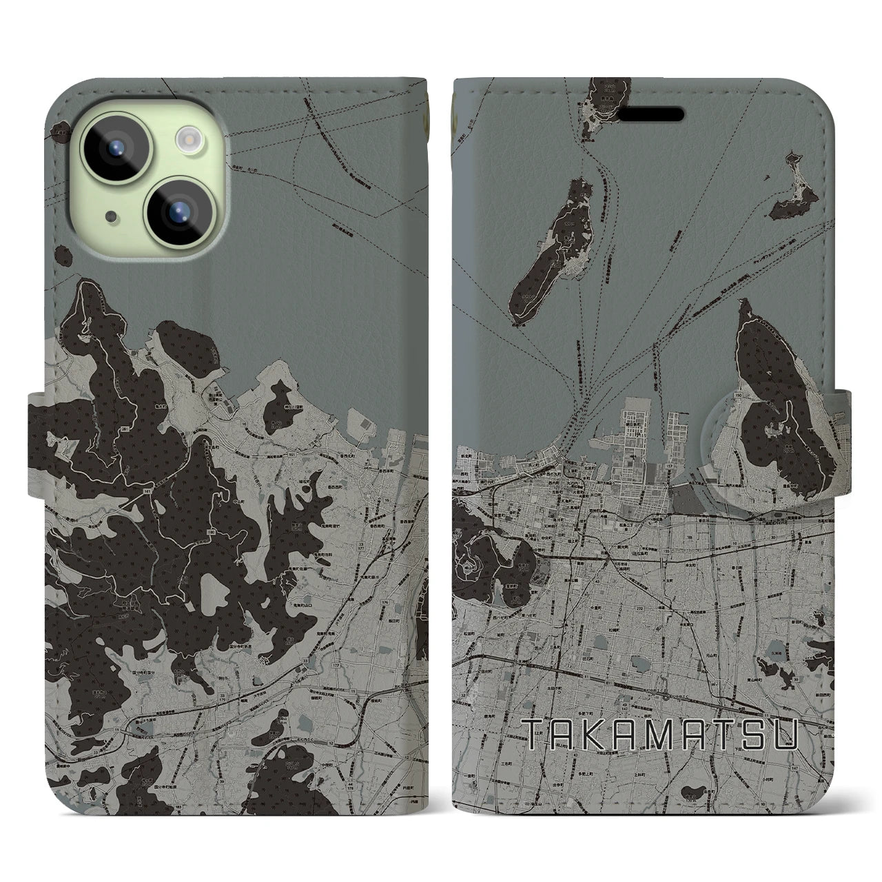 【高松(香川県)】地図柄iPhoneケース(手帳タイプ)モノトーン・iPhone 15 用