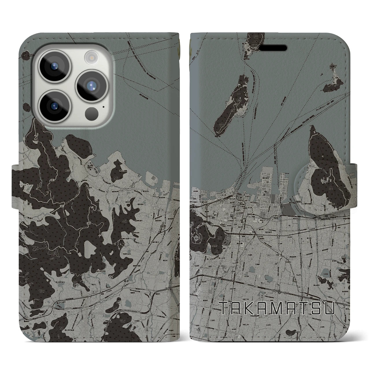 【高松(香川県)】地図柄iPhoneケース(手帳タイプ)モノトーン・iPhone 15 Pro 用