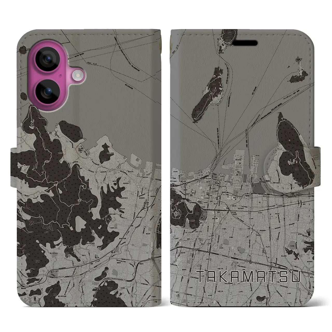 【高松(香川県)】地図柄iPhoneケース(手帳タイプ)モノトーン・iPhone 16 Pro 用