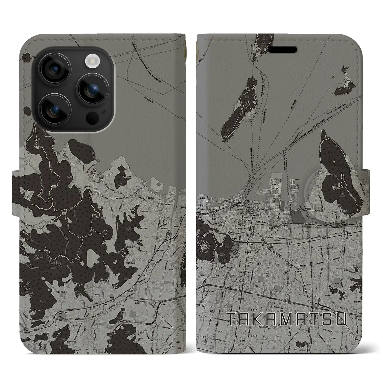 【高松(香川県)】地図柄iPhoneケース(手帳タイプ)モノトーン・iPhone 16 用