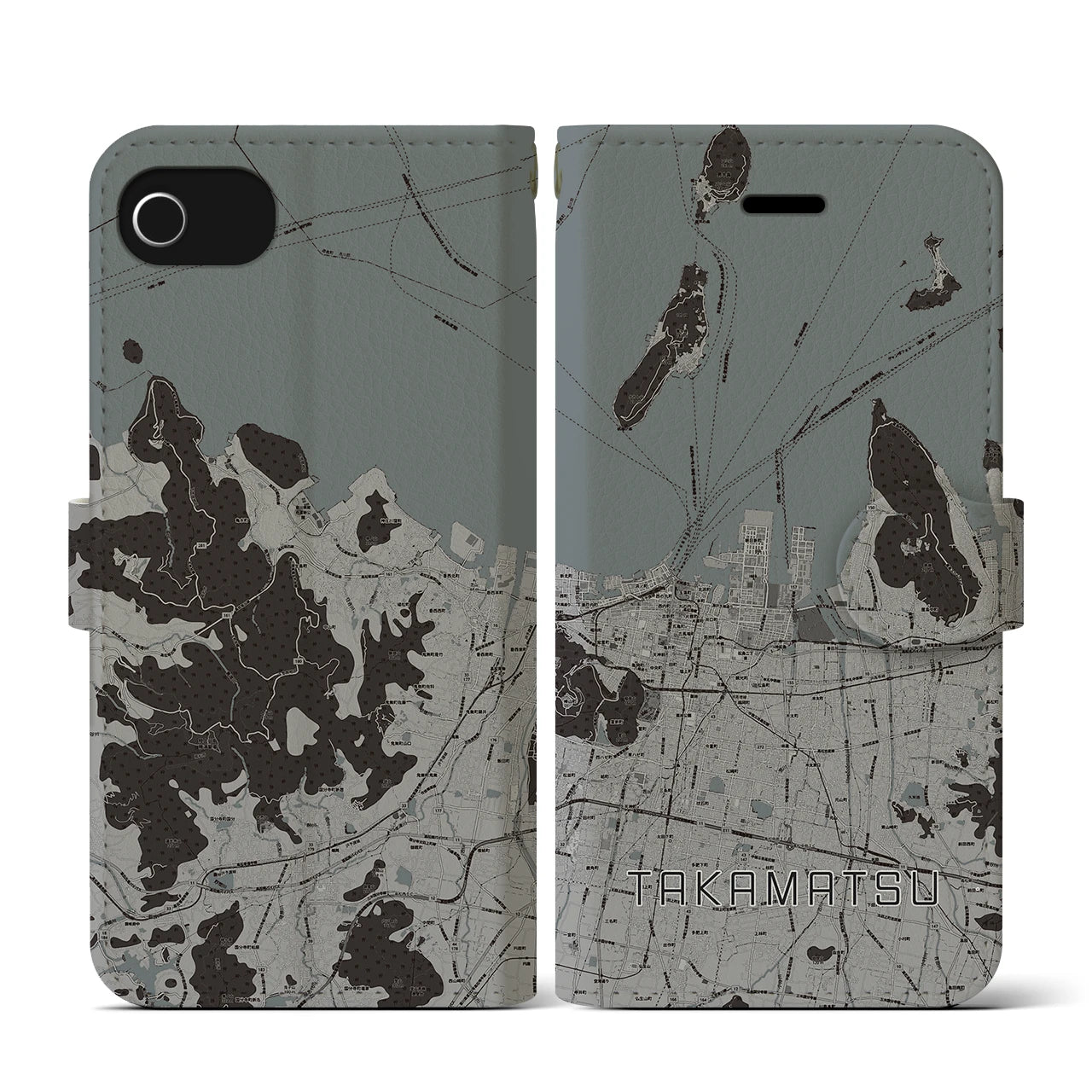 【高松(香川県)】地図柄iPhoneケース(手帳タイプ)モノトーン・iPhone SE(第3 / 第2世代) / 8 / 7 / 6s / 6 用