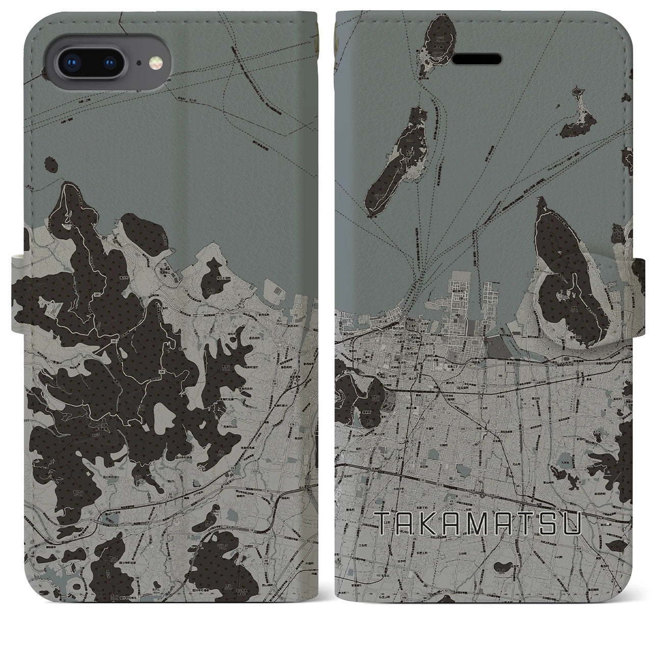 【高松(香川県)】地図柄iPhoneケース(手帳タイプ)モノトーン・iPhone 8Plus /7Plus / 6sPlus / 6Plus 用