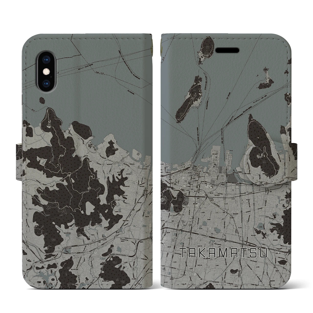 【高松(香川県)】地図柄iPhoneケース(手帳タイプ)モノトーン・iPhone XS / X 用