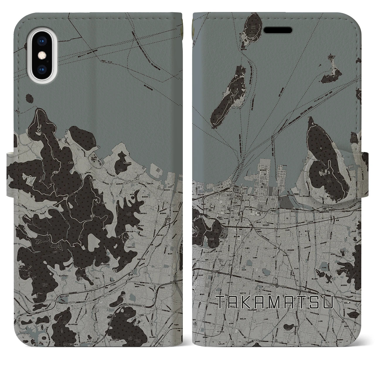 【高松(香川県)】地図柄iPhoneケース(手帳タイプ)モノトーン・iPhone XS Max 用