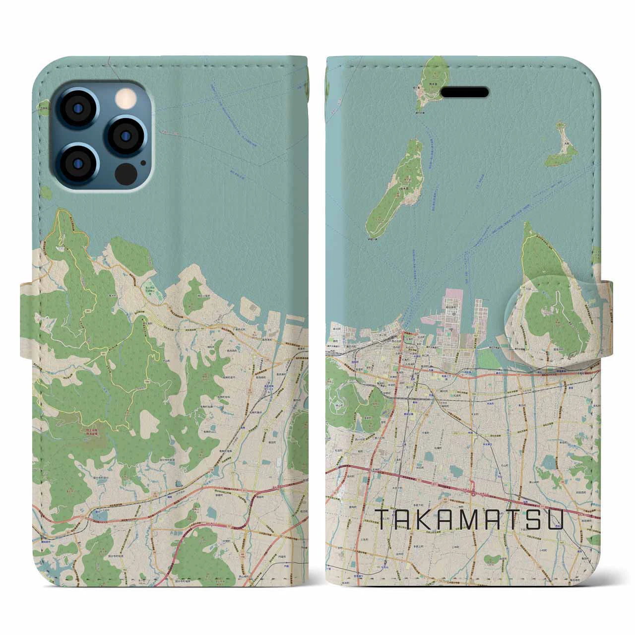 【高松(香川県)】地図柄iPhoneケース(手帳タイプ)ナチュラル・iPhone 12 / 12 Pro 用