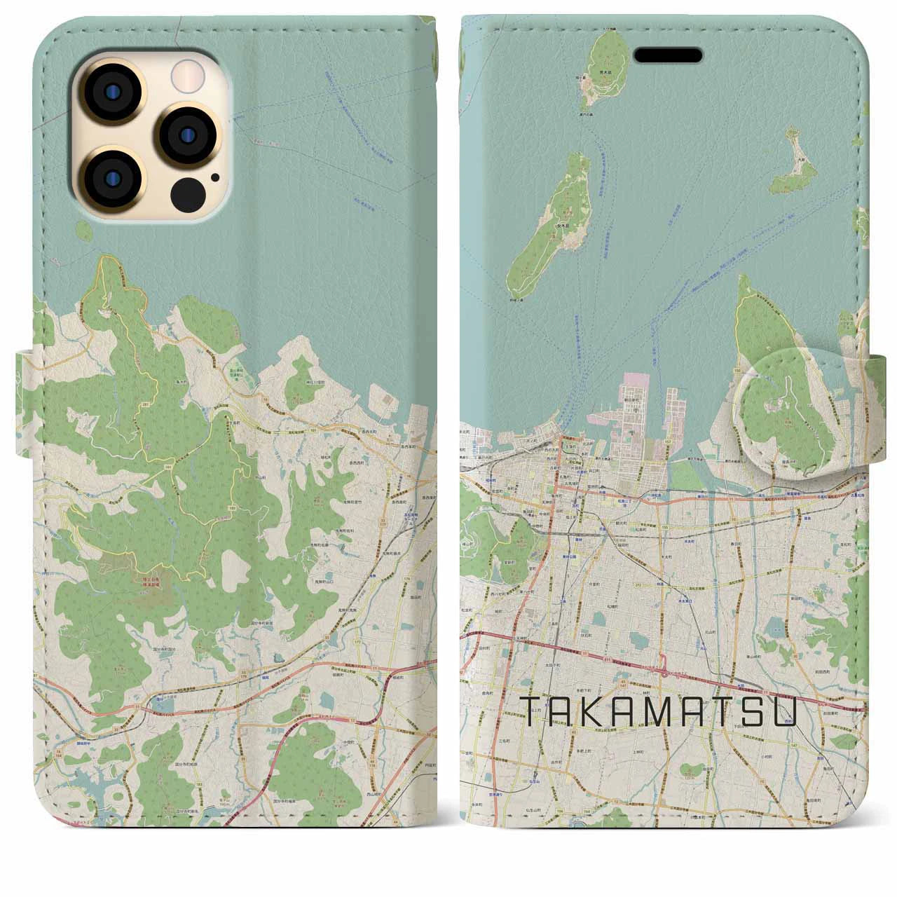 【高松(香川県)】地図柄iPhoneケース(手帳タイプ)ナチュラル・iPhone 12 Pro Max 用