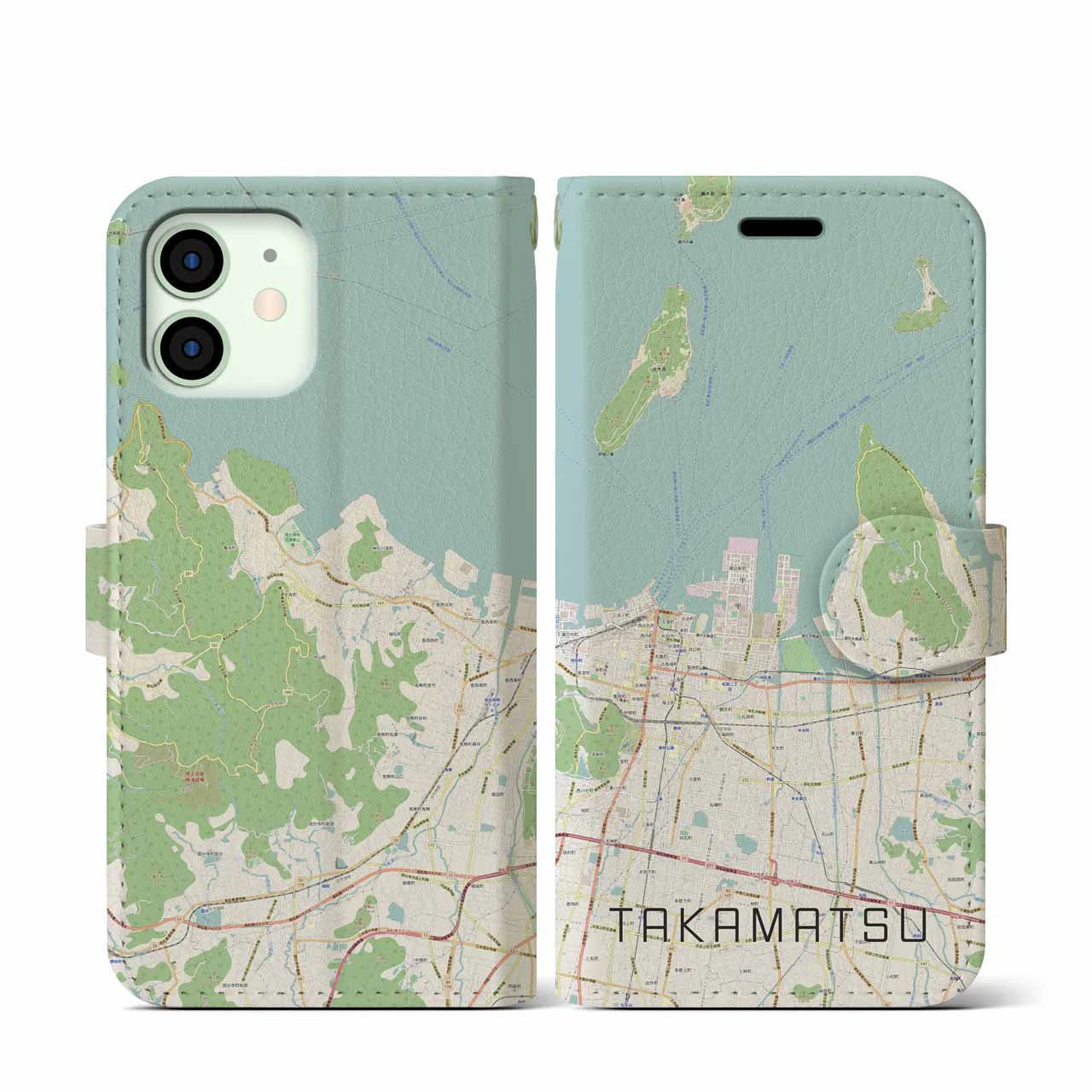 【高松(香川県)】地図柄iPhoneケース(手帳タイプ)ナチュラル・iPhone 12 mini 用