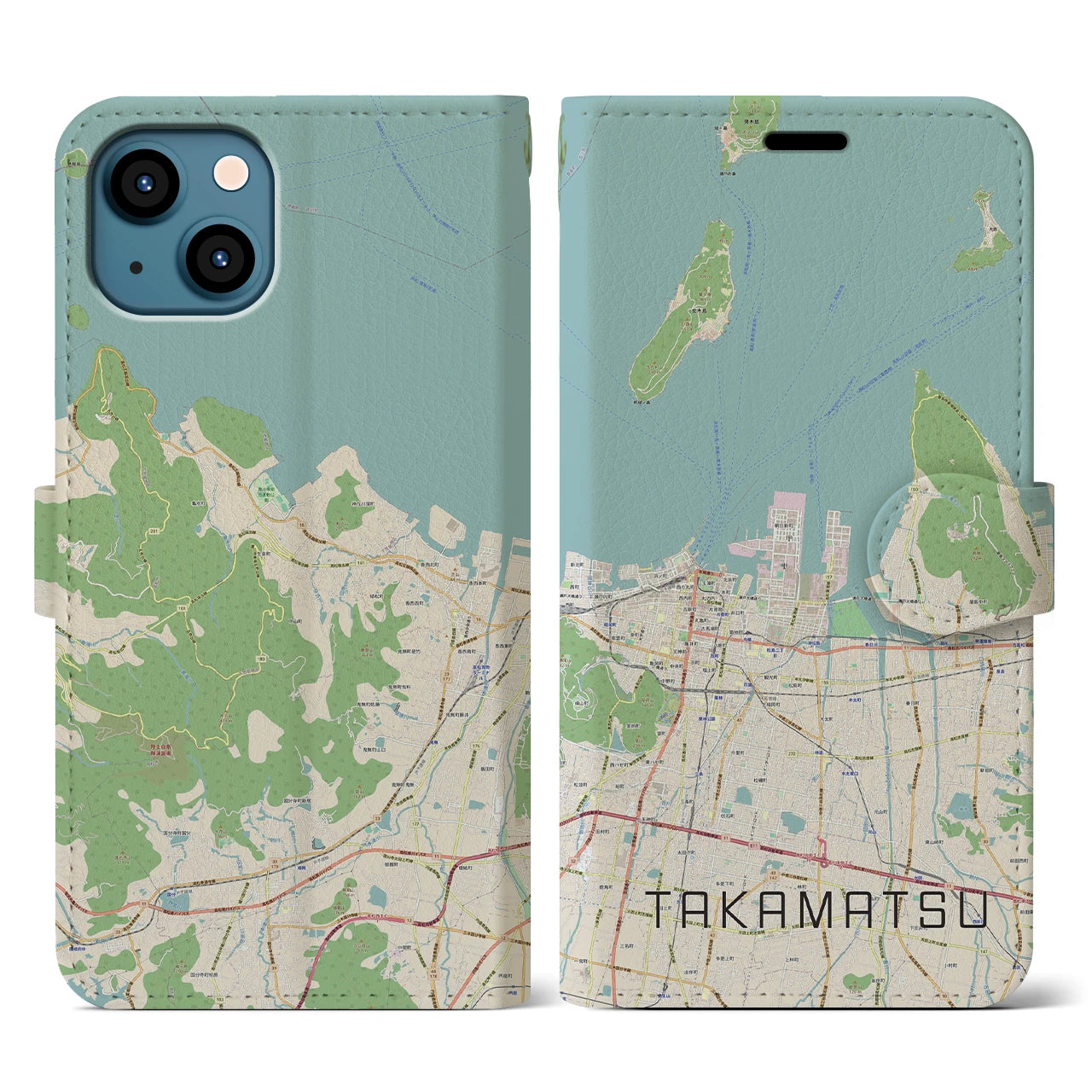 【高松(香川県)】地図柄iPhoneケース(手帳タイプ)ナチュラル・iPhone 13 用