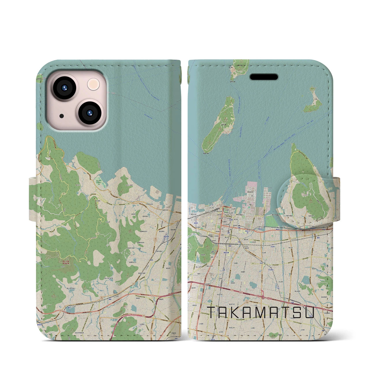 【高松(香川県)】地図柄iPhoneケース(手帳タイプ)ナチュラル・iPhone 13 mini 用