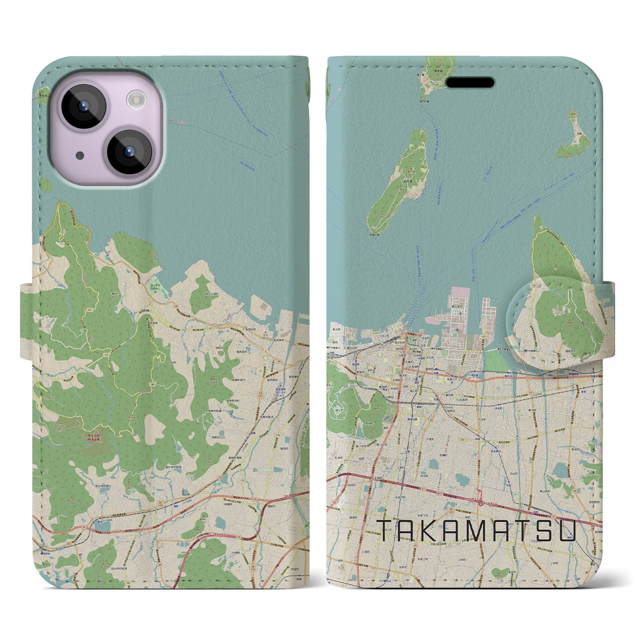 【高松(香川県)】地図柄iPhoneケース(手帳タイプ)ナチュラル・iPhone 14 用