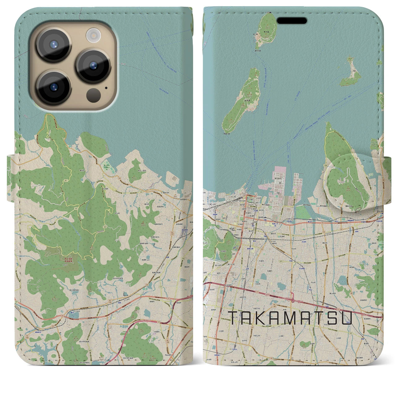 【高松(香川県)】地図柄iPhoneケース(手帳タイプ)ナチュラル・iPhone 14 Pro Max 用