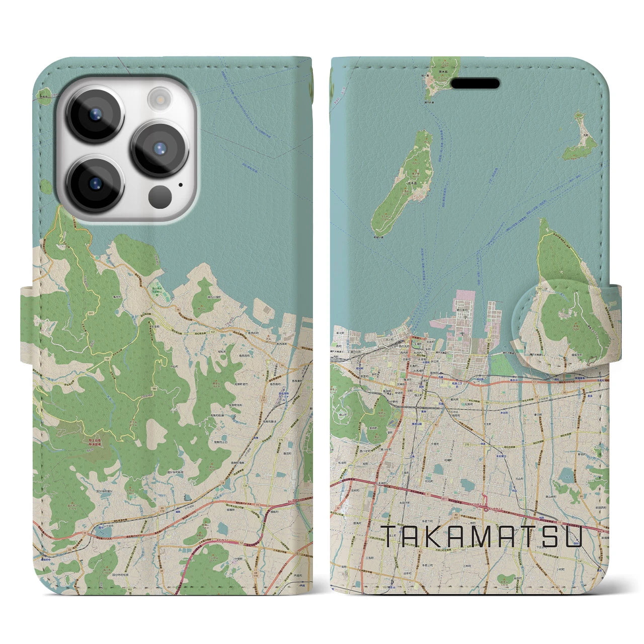 【高松(香川県)】地図柄iPhoneケース(手帳タイプ)ナチュラル・iPhone 14 Pro 用