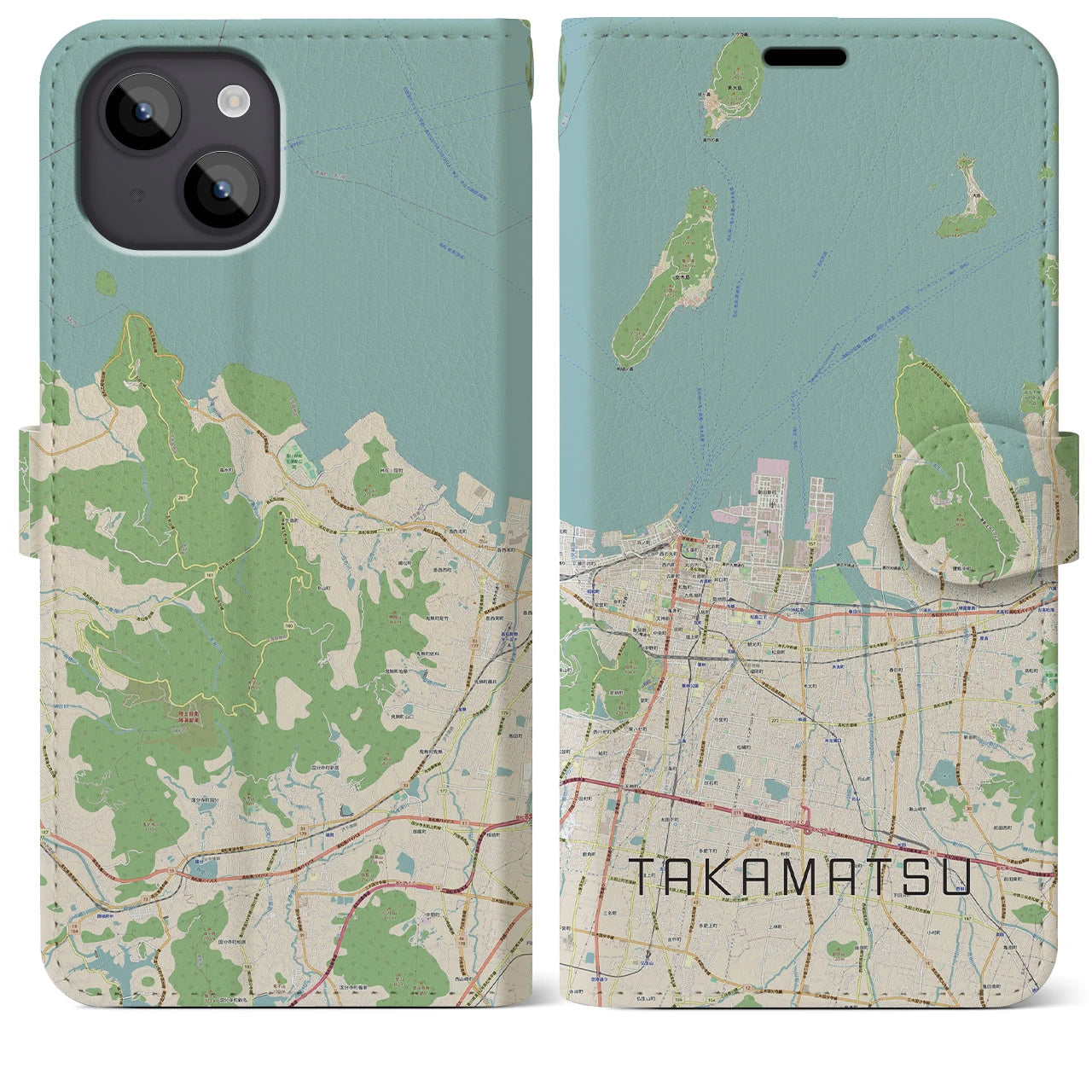 【高松(香川県)】地図柄iPhoneケース(手帳タイプ)ナチュラル・iPhone 14 Plus 用