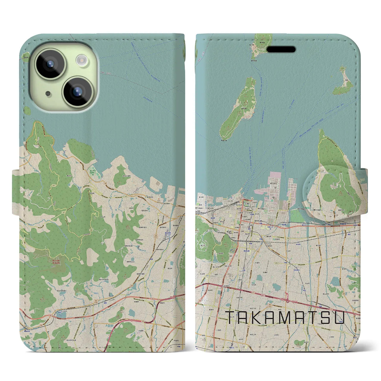 【高松(香川県)】地図柄iPhoneケース(手帳タイプ)ナチュラル・iPhone 15 用