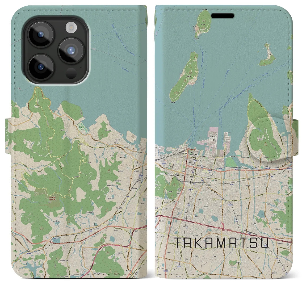 【高松(香川県)】地図柄iPhoneケース(手帳タイプ)ナチュラル・iPhone 15 Pro Max 用