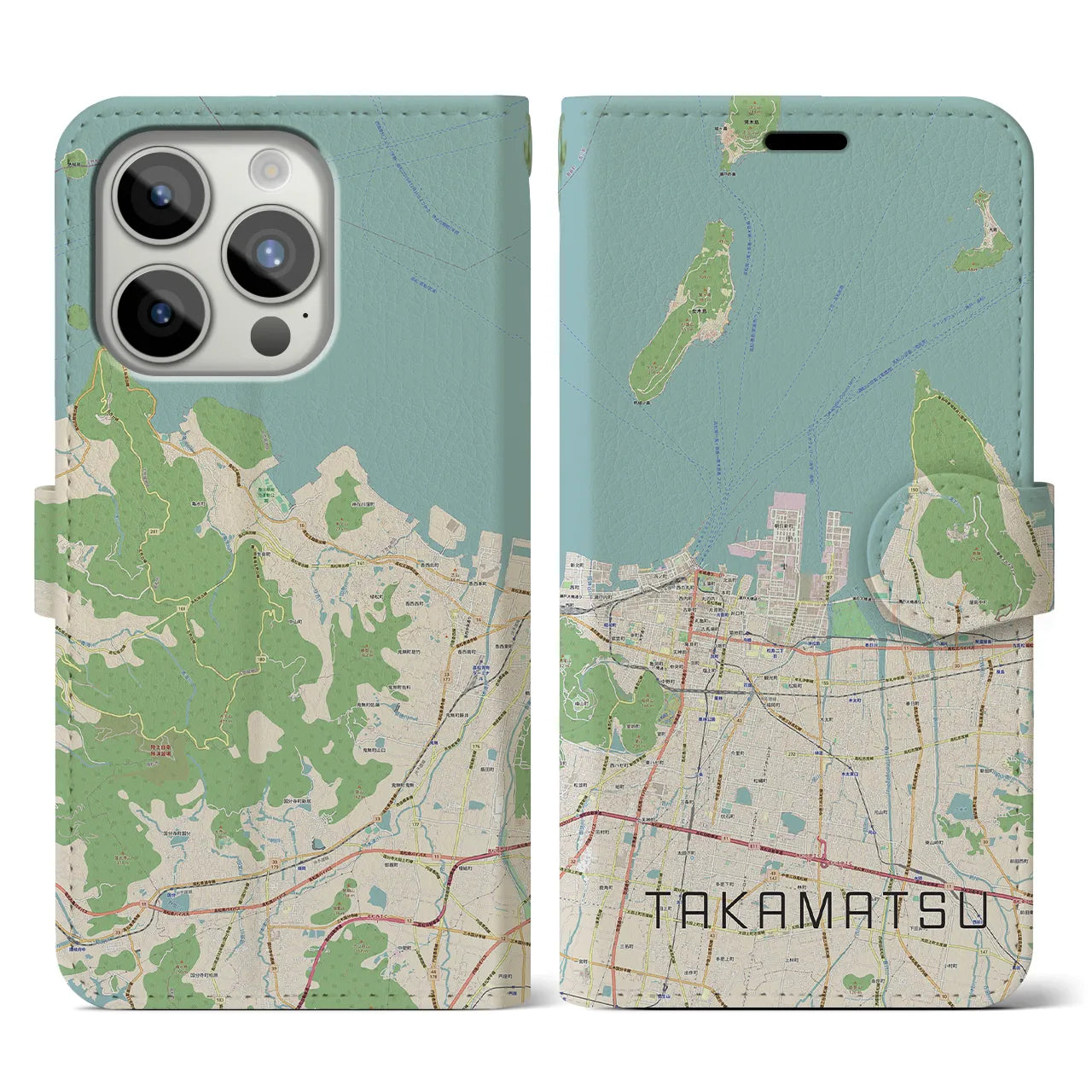 【高松(香川県)】地図柄iPhoneケース(手帳タイプ)ナチュラル・iPhone 15 Pro 用