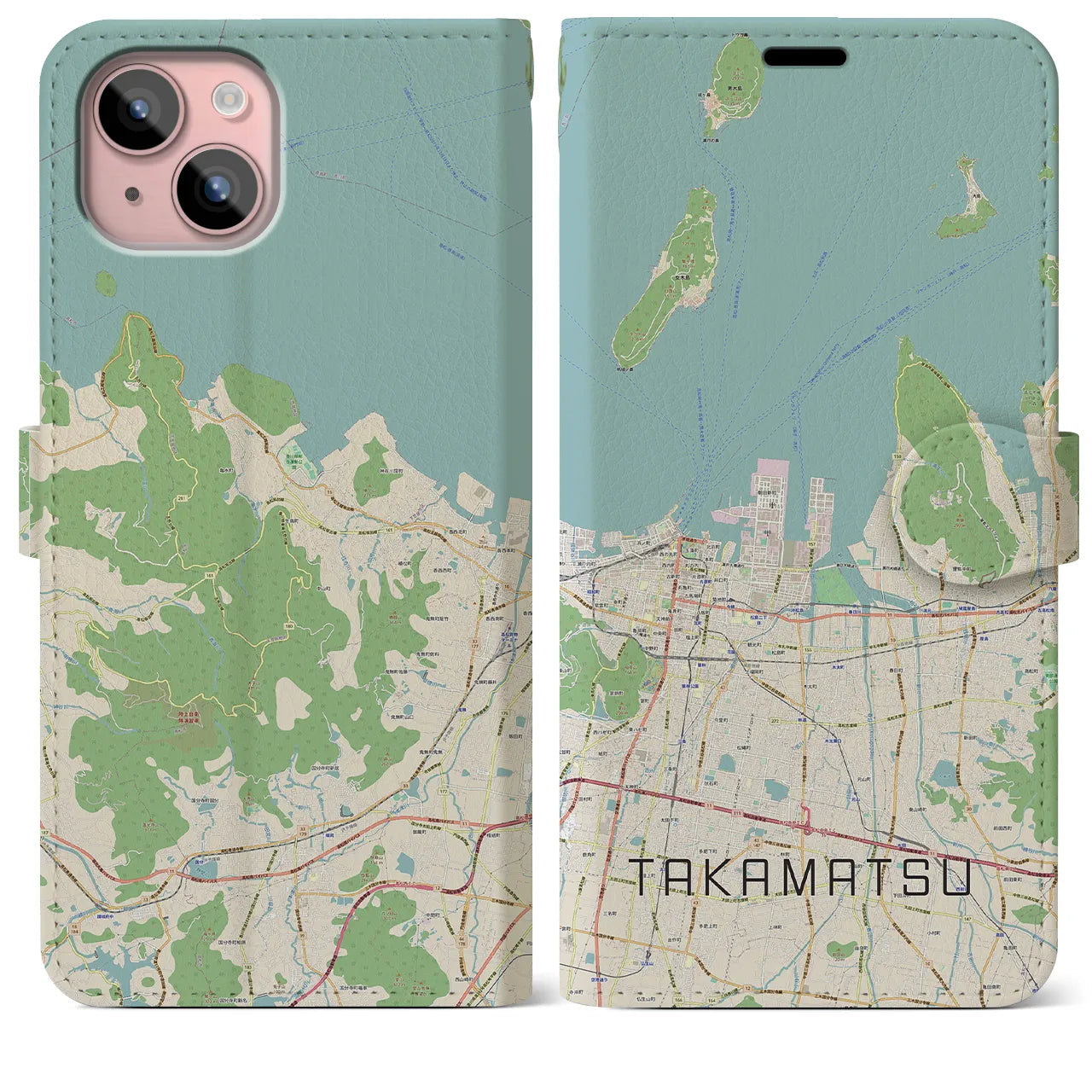 【高松(香川県)】地図柄iPhoneケース(手帳タイプ)ナチュラル・iPhone 15 Plus 用