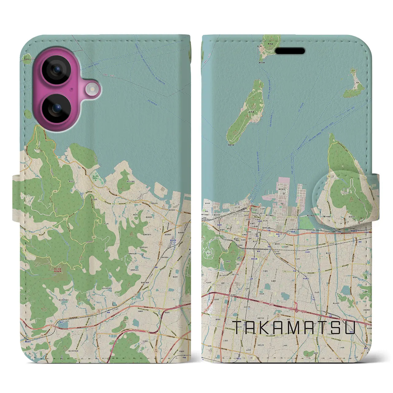 【高松(香川県)】地図柄iPhoneケース(手帳タイプ)ナチュラル・iPhone 16 Pro 用
