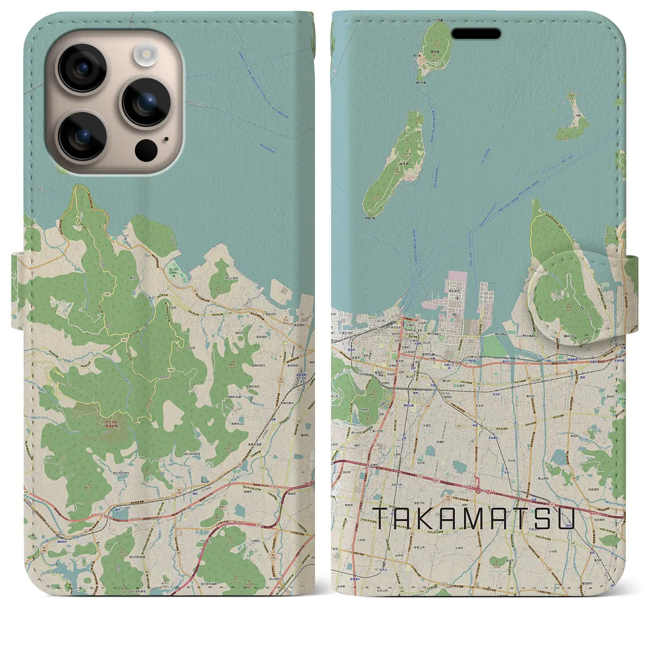 【高松(香川県)】地図柄iPhoneケース(手帳タイプ)ナチュラル・iPhone 16 Plus 用