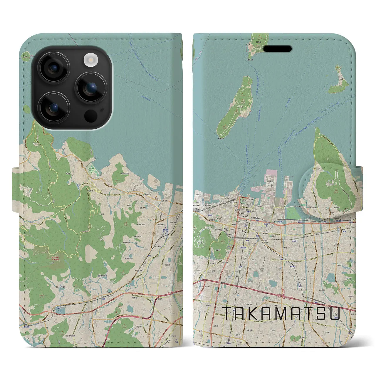 【高松(香川県)】地図柄iPhoneケース(手帳タイプ)ナチュラル・iPhone 16 用