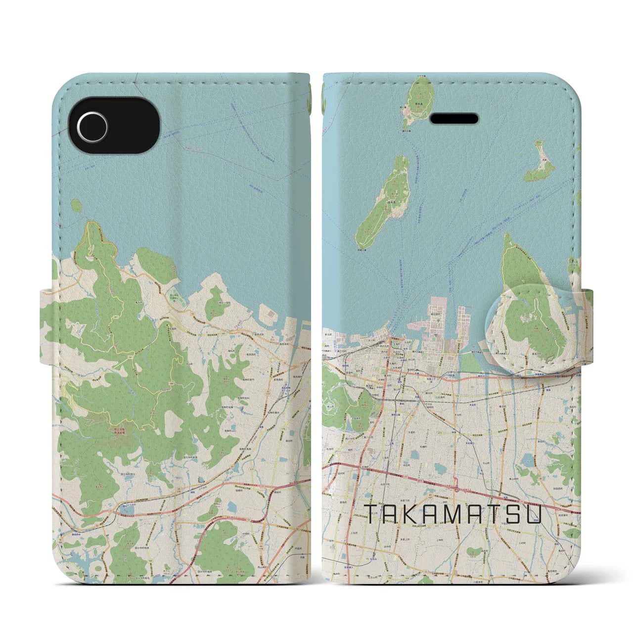 【高松(香川県)】地図柄iPhoneケース(手帳タイプ)ナチュラル・iPhone SE(第3 / 第2世代) / 8 / 7 / 6s / 6 用