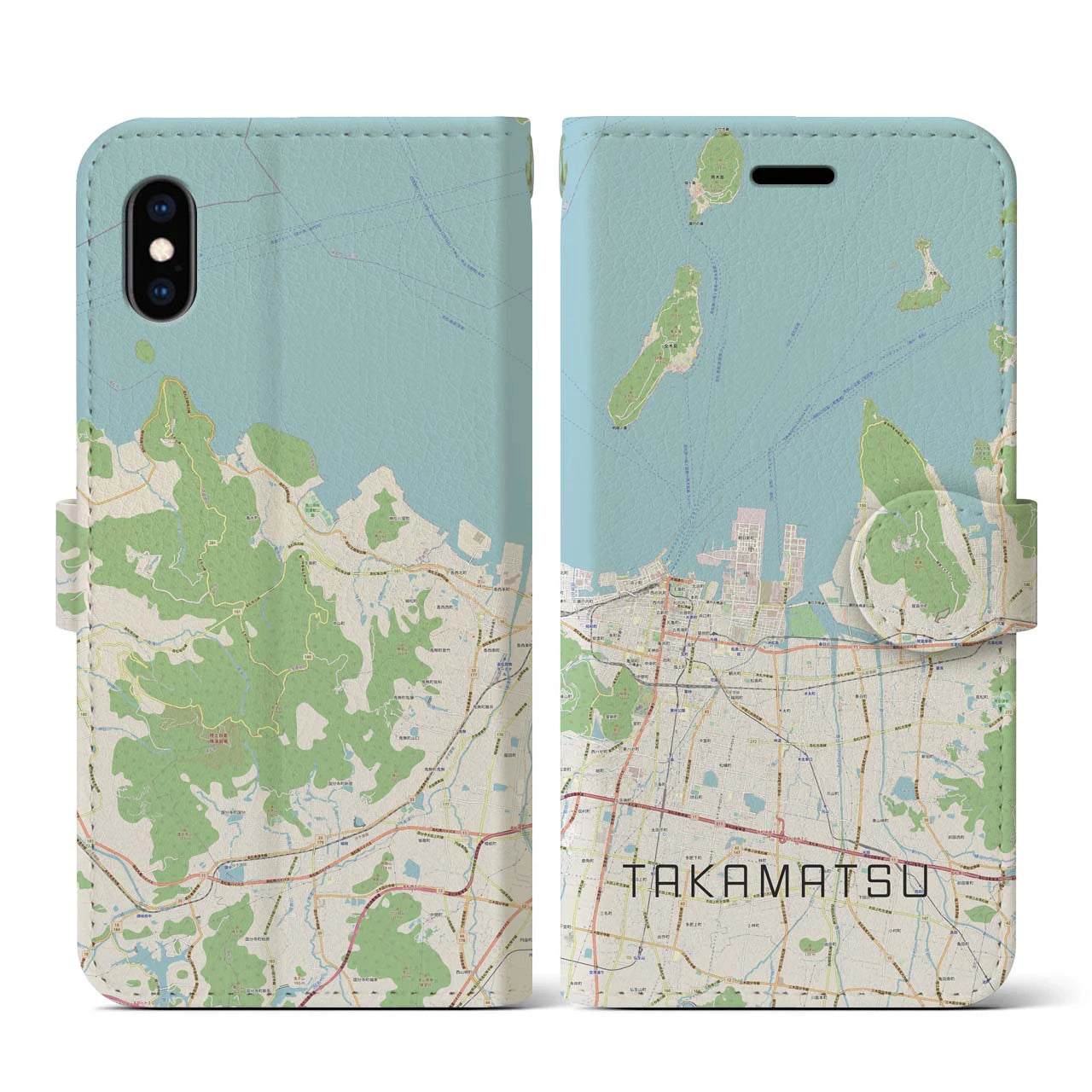 【高松(香川県)】地図柄iPhoneケース(手帳タイプ)ナチュラル・iPhone XS / X 用