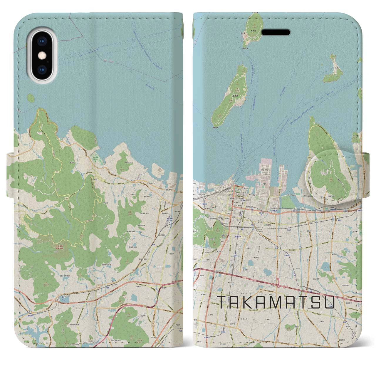 【高松(香川県)】地図柄iPhoneケース(手帳タイプ)ナチュラル・iPhone XS Max 用