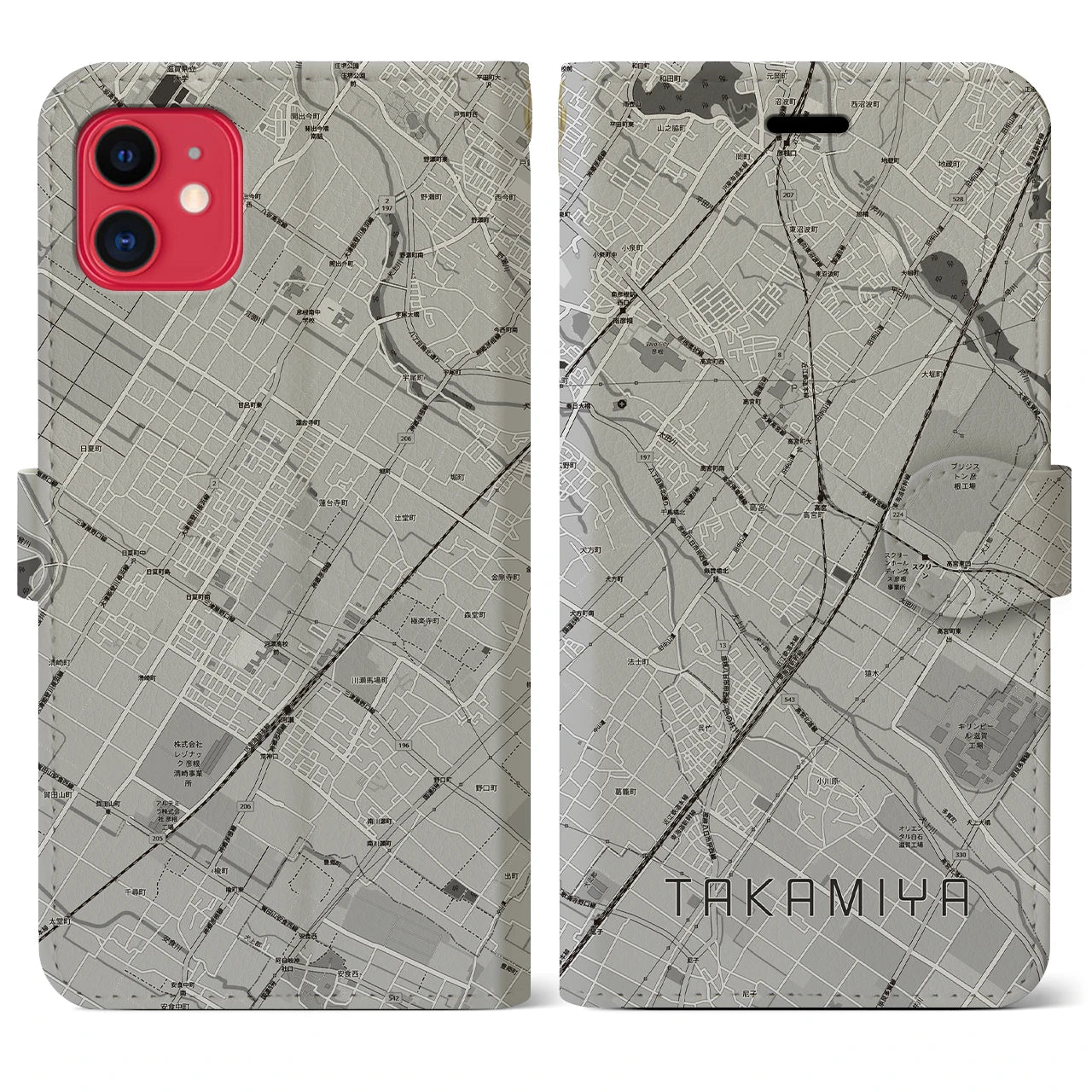 【高宮(滋賀県)】地図柄iPhoneケース(手帳タイプ)モノトーン・iPhone 11 用