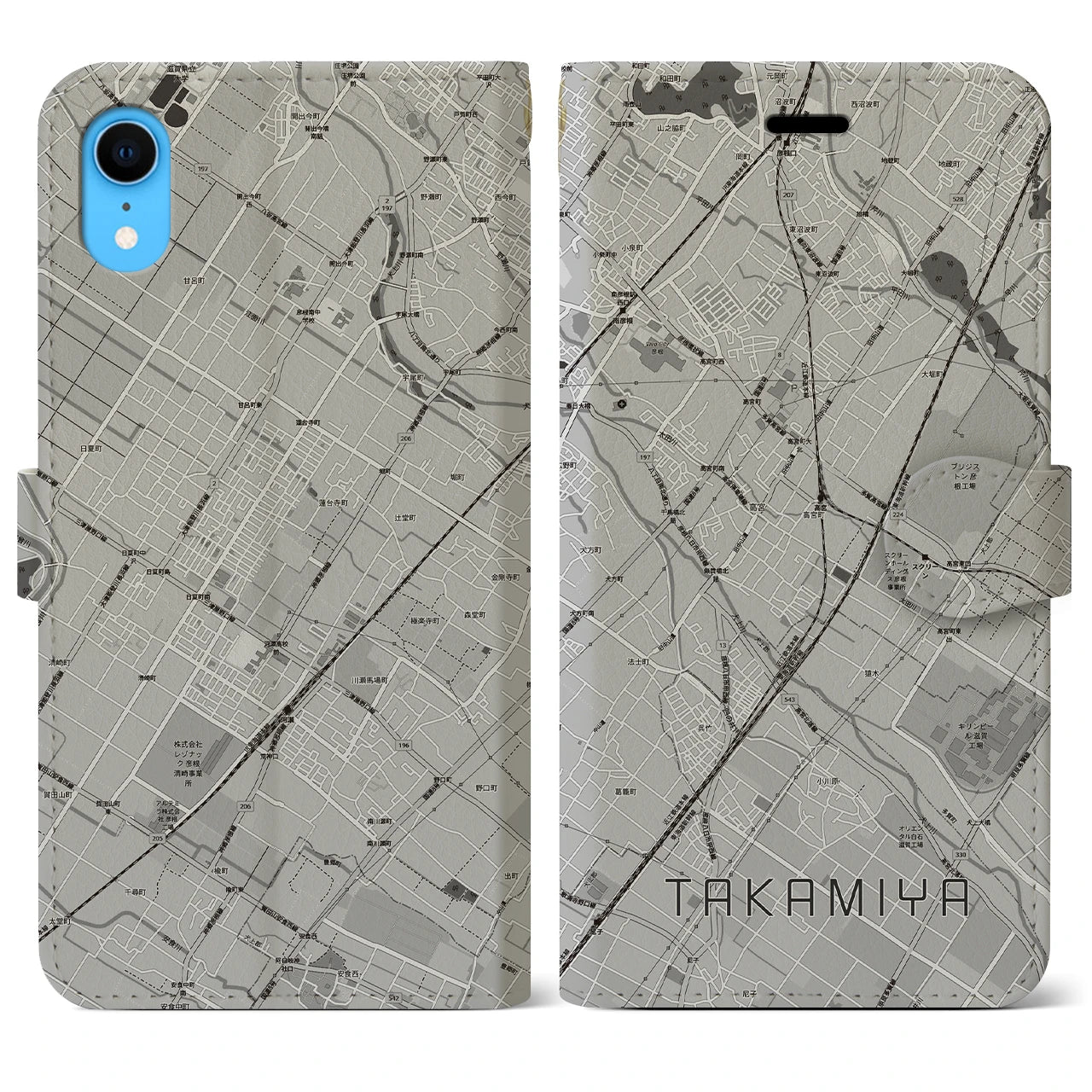 【高宮(滋賀県)】地図柄iPhoneケース(手帳タイプ)モノトーン・iPhone XR 用